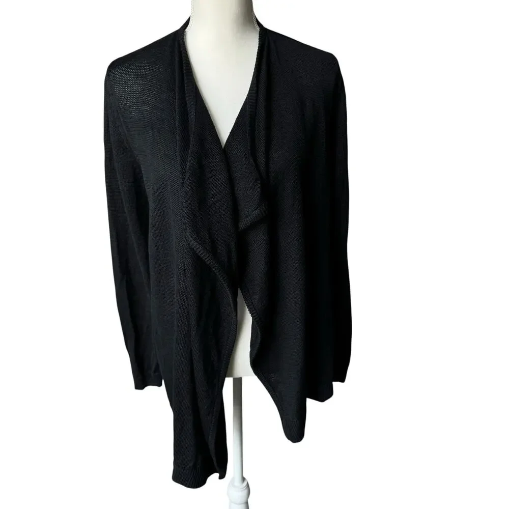 TALBOTS Black Linen Sweater Open Front Cardigan Womens M Summer Layering